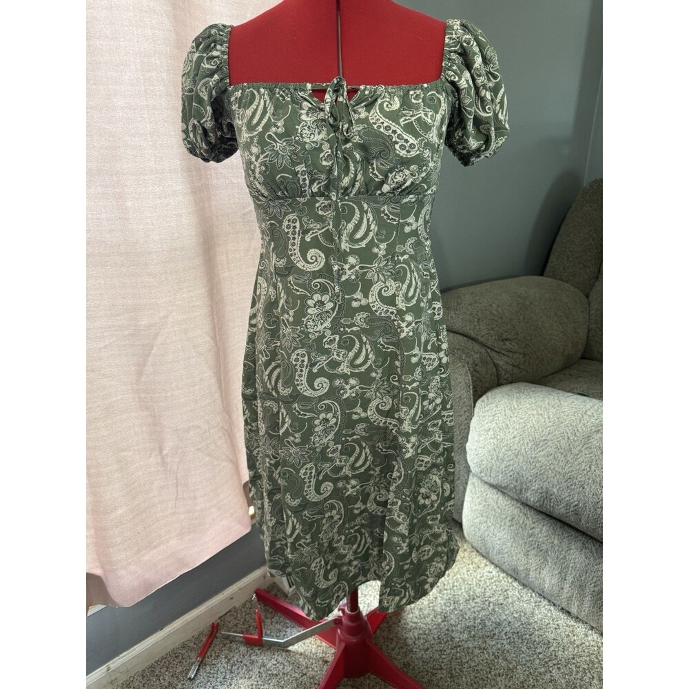 Dizzy Lizzy Dress Womens Small Green Paisley Puff Sleeve Cottagecore Midi
